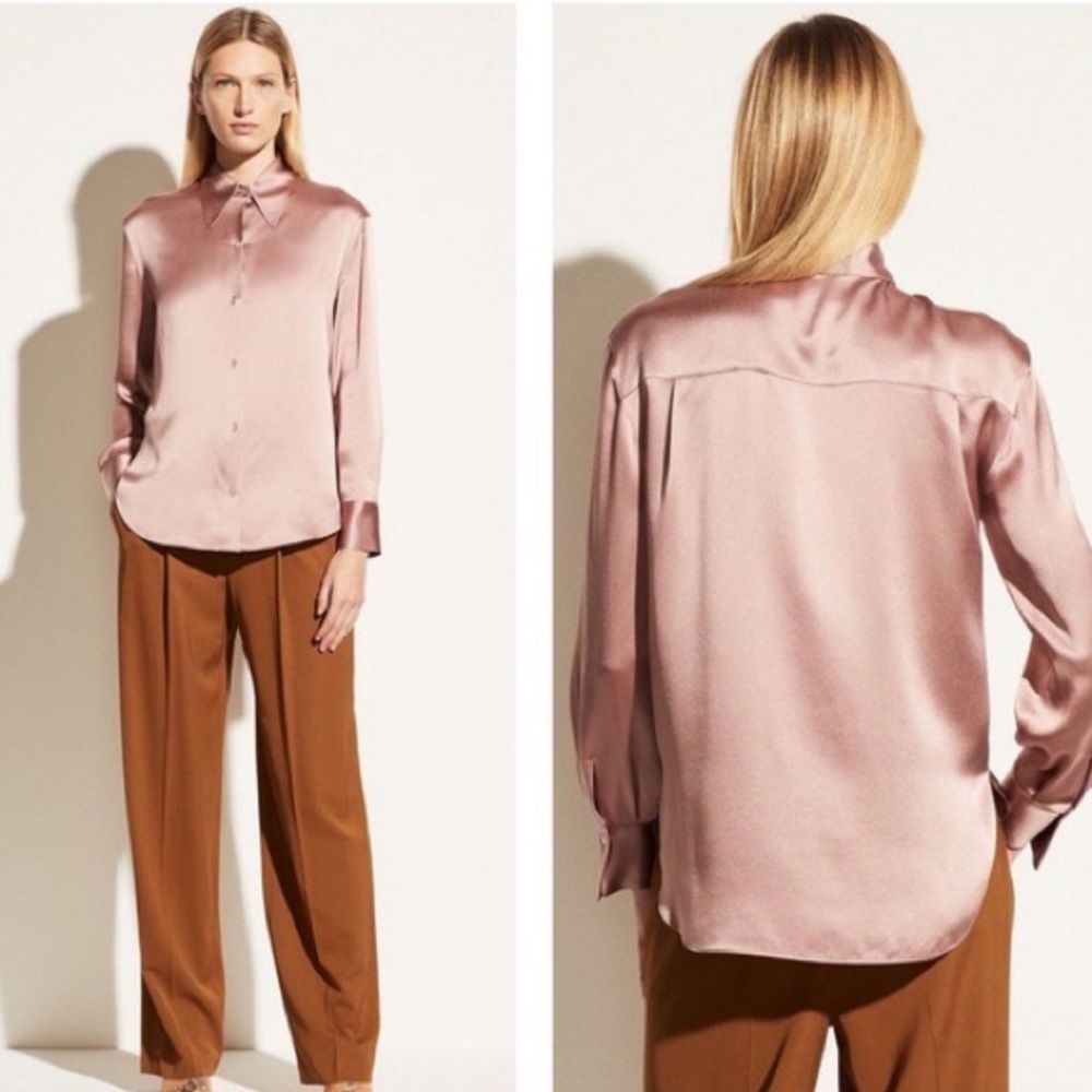 ‼️RARE‼️ NWOT 100% silk satin Vince pointed collar button down shirt blouse